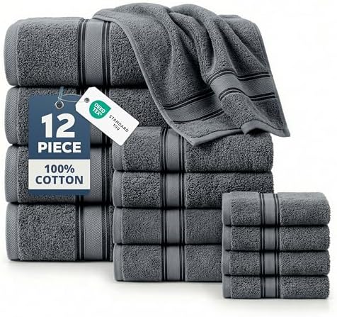 LANE LINEN Towel Set Soft Absorbent Quick Dry 100% Cotton - Cool Grey