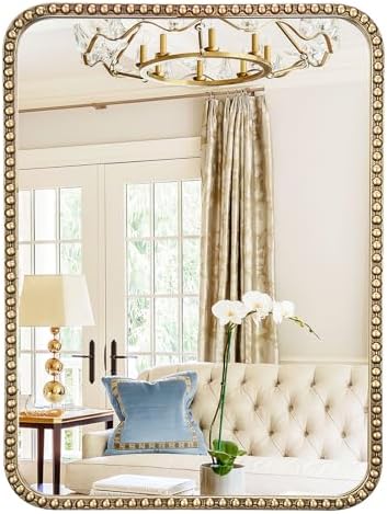 24"x36" Champagne Bronze Mirror for Bathroom, Champagne Bronze Vanity Mirror with Beaded Frame, Vintage Brass Gold Beaded Mirrors for Ornate Bedroom