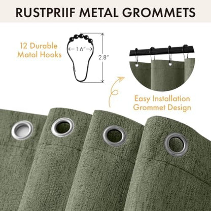 ANRODUO Olive Green Scalloped Linen Textured Shower Curtain, W72 x L84