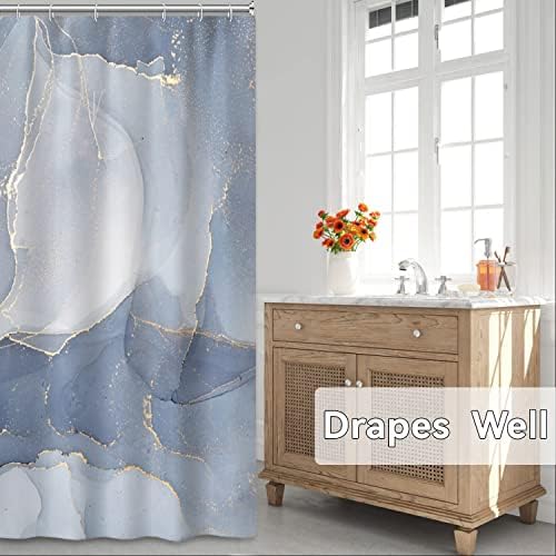 AWERT Small Half Size Stall Shower Curtain with 6 Hooks Shower Stall Curtain 36 x 72 Light Blue Marble Gold 36 inch Shower Curtain for Bathroom/RV and Camper (Blue Marble)