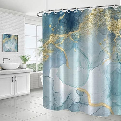 AWERT Teal Marble Shower Curtain for Bathroom Waterproof Quick-Drying Modern Abstract Shower Curtain Set with Hooks 72x72 Inch