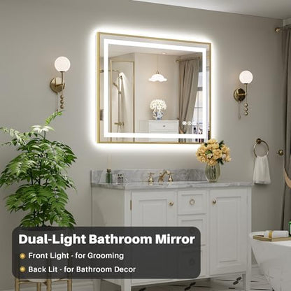 44x36 Inch LED Bathroom Mirror with Gold Frame, Backlit & Front Lit