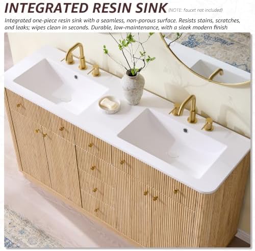 T4TREAM 60" Fluted Bathroom Vanity with Double Sink, Natural Oak