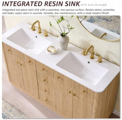 T4TREAM 60" Fluted Bathroom Vanity with Double Sink, Natural Oak