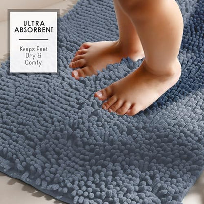 Hearth & Harbor Bathroom Rugs, Chenille Bath Mat - Machine Washable Bath Mats for Bathroom Non-Slip Backing Rubber, Quick Dry Bathroom Mat, 17 x 24 + 20 x 24 - Stone Blue