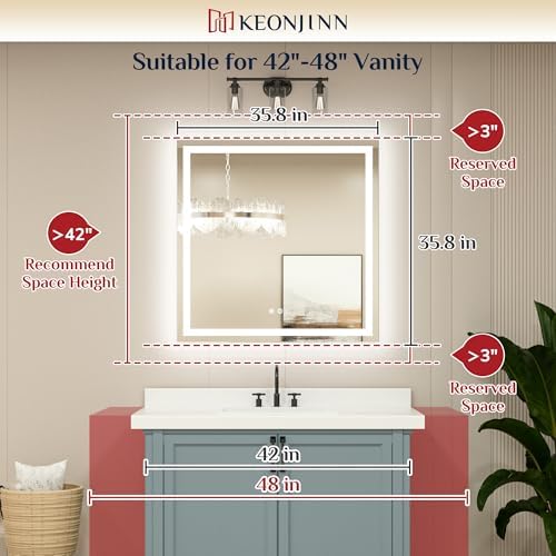 Keonjinn 36x36 Inch LED Bathroom Mirror with Lights, Frontlit & Backlit