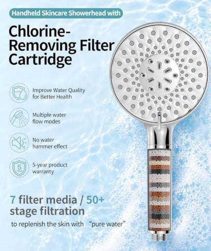 SR SUN RISE Filtered Shower Head with Handheld High Pressure 9 Spray Mode Showerhead Detachable Shower Head Water Softener Filters Beads for Hard Water Remove Chlorine 4 Filters Chrome