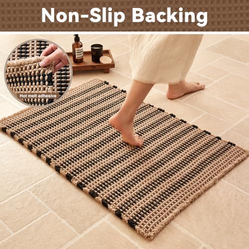Triohero Waffle Bath Mat, Boho Bathroom Rugs Non Slip, 20x30 Khaki & Black