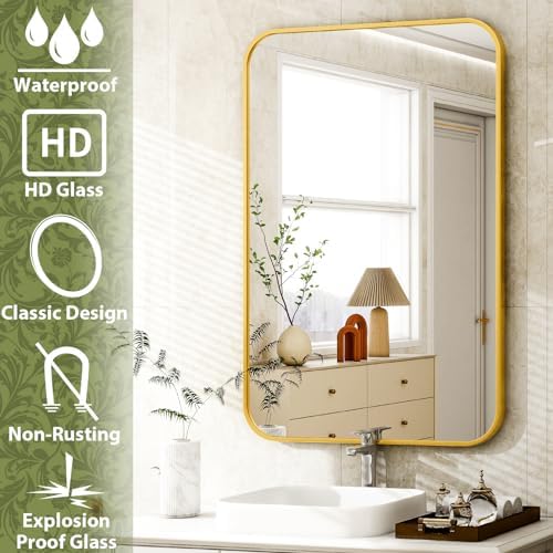 Easly 26 x 38 Inch Bathroom Mirror, Rounded Rectangular Vanity Mirror for Wall, Modern Mirror for Room Decor, Gold Framed Wall-Mounted Mirrors for Home Decor, Hangs Horizontally or Vertically