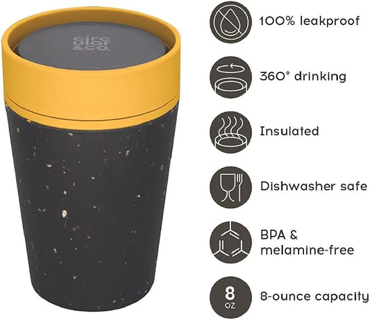 Circular and Co Leakproof Reusable Coffee Cup 8oz/227ml - The World's First Travel Mug Made from Recycled Cups, 100% Leak-Proof, Sustainable & Insulated. (Black & Electric Mustard)