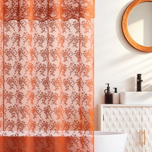 TUDECO Long Orange Shower Curtain with Attached Valance, 72W x 84L Inch