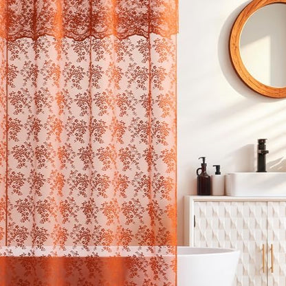 TUDECO Long Orange Shower Curtain with Attached Valance, 72W x 84L Inch
