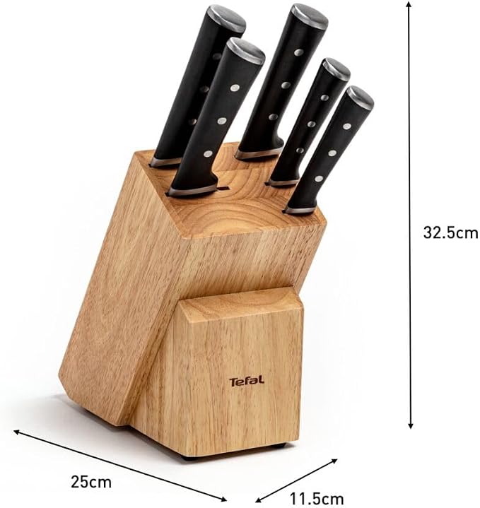 Tefal Wooden Knife Block 5pc Set- Ice Force Knives, German Stainless Steel & Premium Design - Bread 20 cm | Chef 20 cm | Santoku 18 cm | Utility 11 cm | Paring 9 cm - K232S574