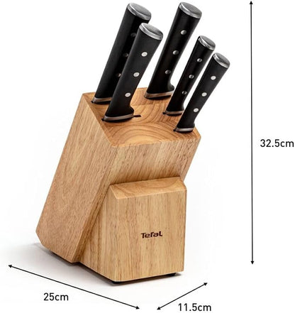 Tefal Wooden Knife Block 5pc Set- Ice Force Knives, German Stainless Steel & Premium Design - Bread 20 cm | Chef 20 cm | Santoku 18 cm | Utility 11 cm | Paring 9 cm - K232S574