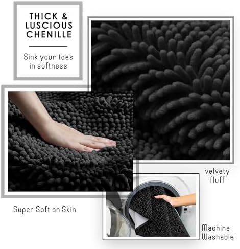 Hearth & Harbor Bathroom Rugs, Chenille Bath Mat - Machine Washable Bath Mats for Bathroom Non-Slip Backing Rubber, Quick Dry Mat - Black Bath Rug, 17x24-26x44-20x24