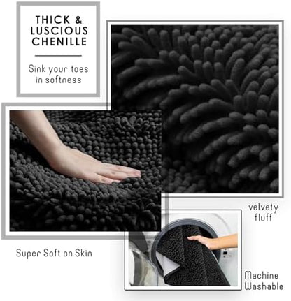 Hearth & Harbor Bathroom Rugs, Chenille Bath Mat - Machine Washable Bath Mats for Bathroom Non-Slip Backing Rubber, Quick Dry Mat - Black Bath Rug, 17x24-26x44-20x24