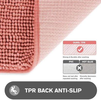 Coral Bathroom Rugs – Absorbent and Washable Bath Mat, Non-Slip, Thick Soft Chenille Bath Rugs for Bathroom, Kitchen, Shower, Sink - 20" x 32"