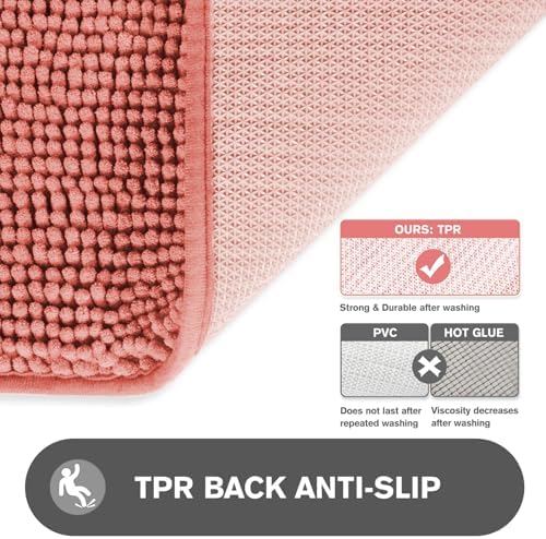 Coral Bathroom Rugs – Absorbent and Washable Bath Mat, Non-Slip, Thick Soft Chenille Bath Rugs for Bathroom Floor, Shower, Sink - 26" x 44"