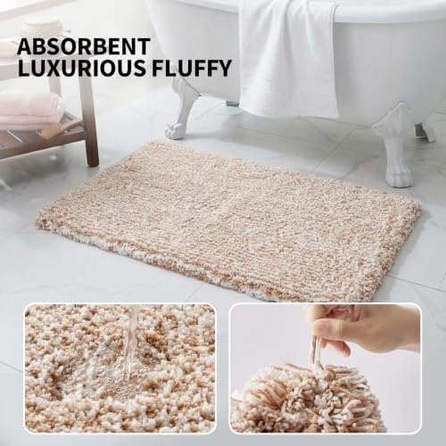 ILANGO Beige and White Bathroom Rugs 24" × 17" Small Non Slip & Super Absorbent Extra Thick Soft, Washable Bath Mat for Floor, Microfiber Plush Shaggy Bath Rug with Rubber for Bathtub Shower Room Sink