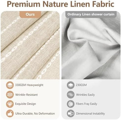 Seenus Boho Farmhouse Beige Linen Textured Shower Curtain, 72 x 84 Inch Extra Long Soft Fabric Shower Curtain Heavyweight with Tassels, Cream White Striped Bathroom Décor Curtain Water Repellent