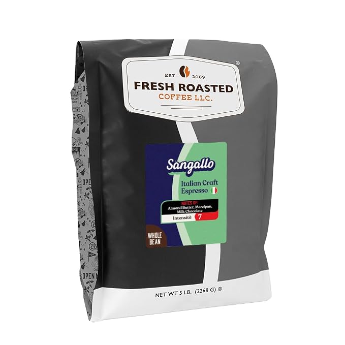 Fresh Roasted Coffee, Sangallo Italian Craft Artisan Blend Whole Bean Coffee, Medium Roast, Kosher, 5 lb (80 oz)