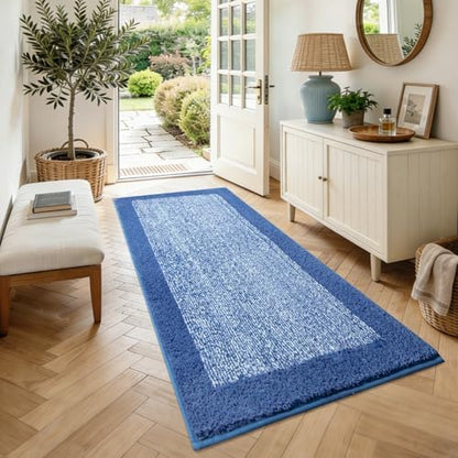 60x24 Long Bathroom Rugs Non Slip Washable, Soft Absorbent Bath Mat Blue