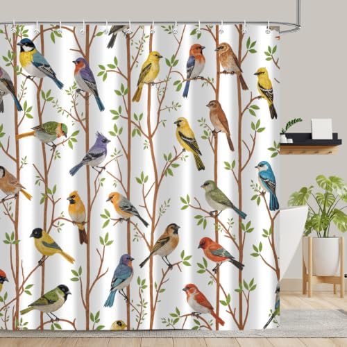 Moonslim Colorful Birds Shower Curtains, Woodland Green Leaves Trees Wildlife Vintage Spring Themed Shower Curtain Set, Fabric Bath Curtain for Bathroom Decor Waterproof Cloth with Hooks 72X78 Inch
