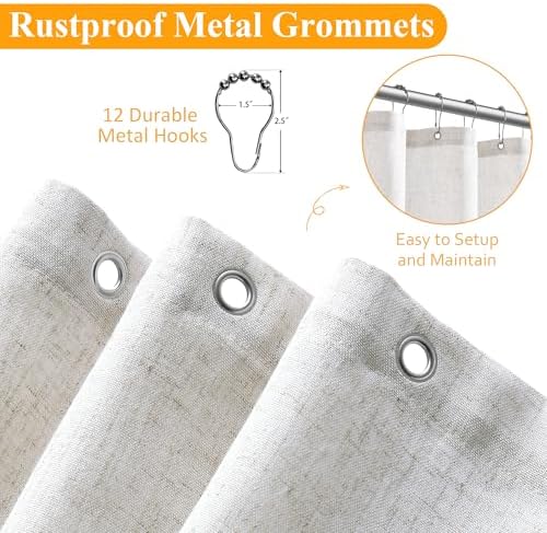 Naturoom Linen Shower Curtain 96 Inch Long for Bathroom Beige White 1 Panel