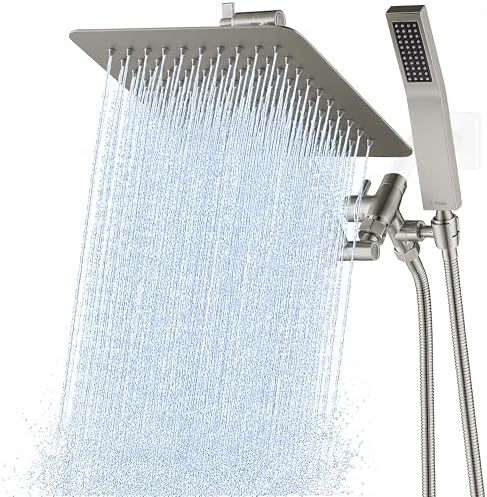 G-Promise All Metal 10" Dual Square Shower Head Combo | Rain Shower Head | Handheld Shower Wand | Adjustable | 3-Way Diverter | 71" Extra Long Hose - A Bathroom Upgrade(Brushed Nickel)