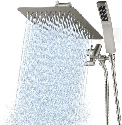 G-Promise All Metal 10" Dual Square Shower Head Combo | Rain Shower Head | Handheld Shower Wand | Adjustable | 3-Way Diverter | 71" Extra Long Hose - A Bathroom Upgrade(Brushed Nickel)