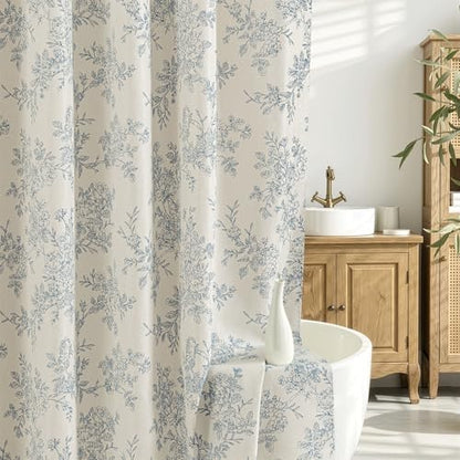 Linen Blue Floral Shower Curtain W72*L78 Inches Long