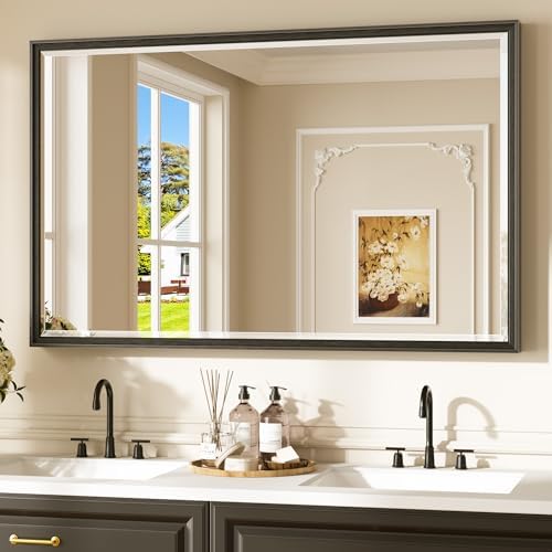 Keonjinn 48" x 30" Black Bathroom Vanity Mirror, French Cleat Installation