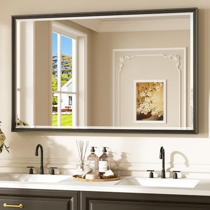 Keonjinn 48" x 30" Black Bathroom Vanity Mirror, French Cleat Installation