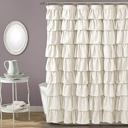 Lush Decor Ruffle Shower Curtain | Floral Textured Vintage Chic Farmhouse Style Design, Ivory, 72" x 72"