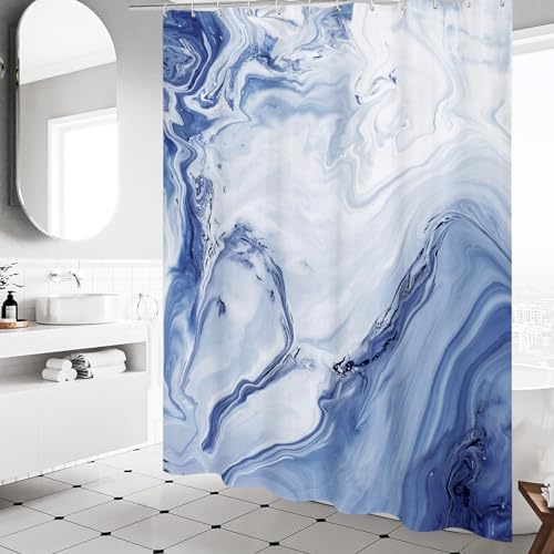 Navy Blue Marble Fabric Shower Curtain, Abstract Watercolor, 72 x 84