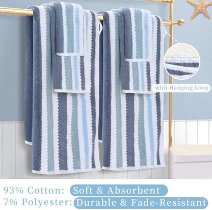 VOOVA & MOVAS Stripe 6PC Towel Set, Cotton Blend, Blue Gray White