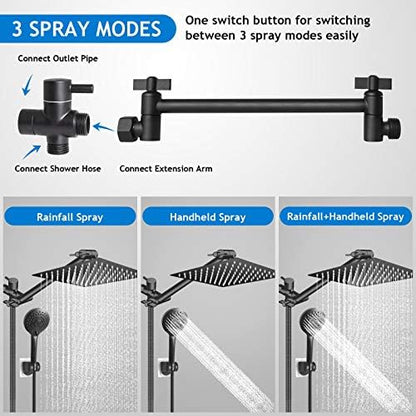 Black Shower Head Combo,10 Inch High Pressure Rain with 11" Extension Arm