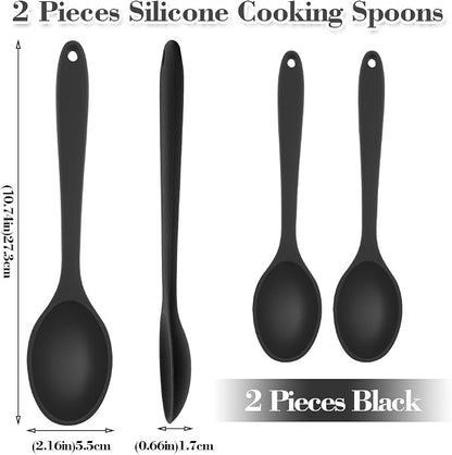 Silicone Spoons for Cooking, 2 Pcs Black Large Serving Spoon Heat Resistant Cooking Spoon Utensils Nonstick Mixing Kitchen Spoons for Cooking, Baking, Serving, Mixing and Stirring, Dishwasher Safe