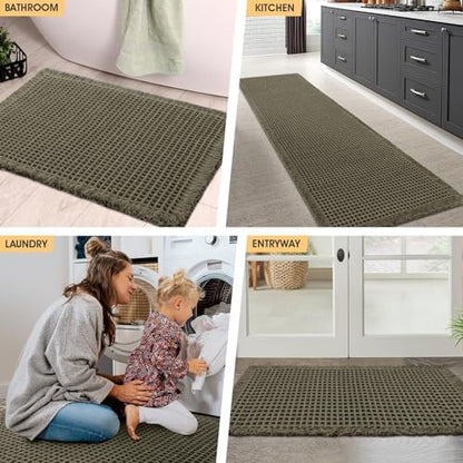 IM HOME Waffle Bath Mat Olive Green 24"x17", Boho Woven Modern Bath Mat Rugs, Absorbent Non Slip Bathroom Rugs, Soft Washable Bath Rugs with Tassels for Bathroom, Bedroom, Kitchen, Shower, Tub