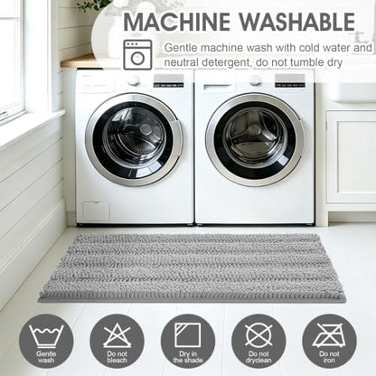 ACCUMTEK Striped Light Grey Toilet Bathroom Rug Mat Set 2 piece Rug Ultra Soft, Non Slip Chenille Bath Rugs, Absorbent Plush Shaggy Bath Mats for Bathroom, Bedroom, Kitchen, Shower, Tub