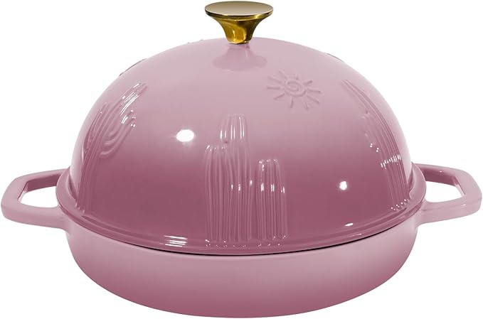 Flavehc Bread Oven Cast Iron Bread Dutch Oven with Cloche Lid for Bread Baking BerryPink Enameled Cast Iron Bread Oven with Dome Lid for Sourdough 5 qt