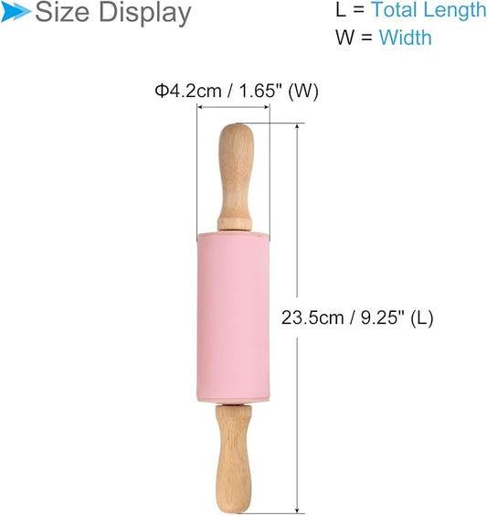 Silicone Rolling Pins, 9.25" Length, Silicone & Oak Non-Stick Ergonomic Wooden Handle Fondant Dough Roller Pink - (Applications: for Baking DIY Projects)