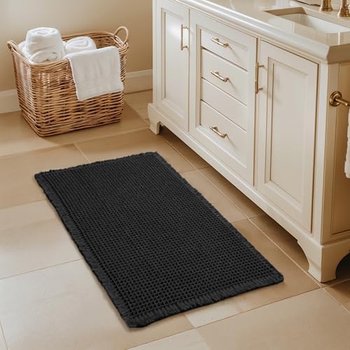 SUBRTEX Waffle Braided Bath Mat, 24" x 36" Soft Waffle Bath Rugs, Absorbent Non Slip Bathrooom Mats, Machine Washable Area Rug for Bathroom, Quick Dry, Black