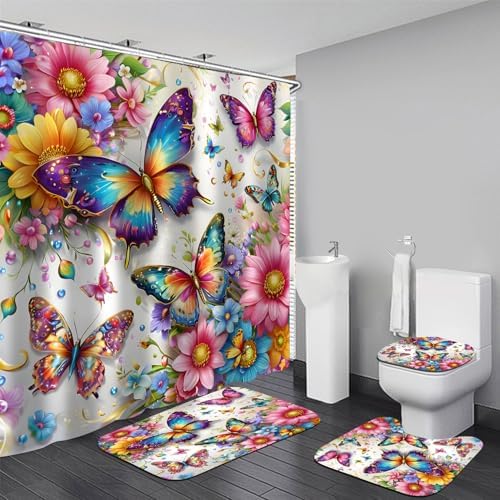 Chrainy 4pcs Colorful Butterfly Shower Cutain Set Bathroom Decor with Rugs