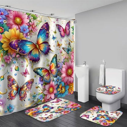 Chrainy 4pcs Colorful Butterfly Shower Cutain Set Bathroom Decor with Rugs