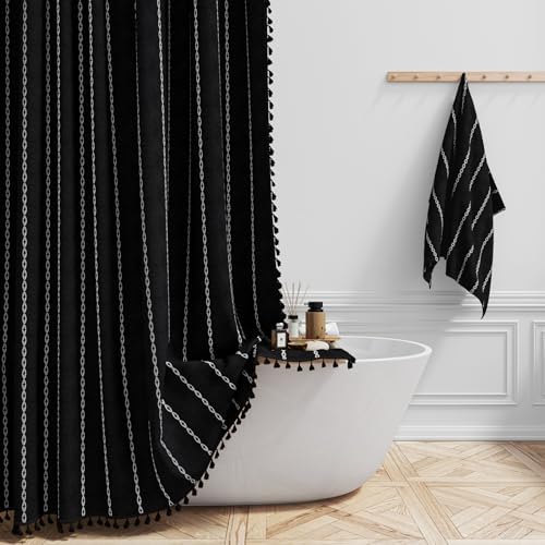 BTTN Small Boho Linen Heavy Duty Cloth Shower Curtain, 36x72, Black White