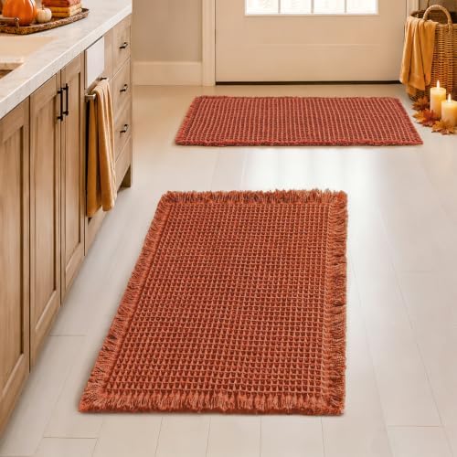 MIULEE Fall Orange Set of 2 Waffle Bathroom Rugs Boho Bath Mat 17x24 Inch