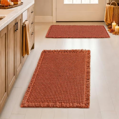 MIULEE Fall Orange Set of 2 Waffle Bathroom Rugs Boho Bath Mat 17x24 Inch