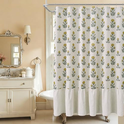 ORTIGIA Linen Textured Ruffle Shower Curtain with Metal Hooks, Vintage Yellow Floral Block Print Boho Waterproof Bath Curtain for Rustic Farmhouse Bathroom Decor 72x72 Inch