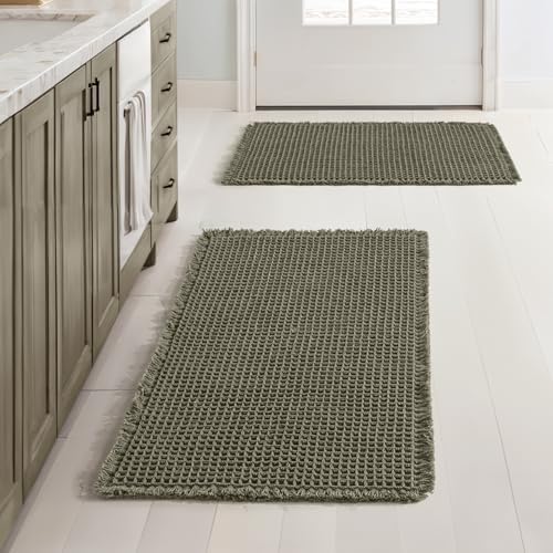 MIULEE Set of 2 Waffle Bathroom Rugs Boho Bath Mat Green 17x24 Inch